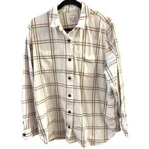 J Crew Women's XL Flannel Shirt Shacket Cream Tan Plaid Gorpcore Preppy Outdoors